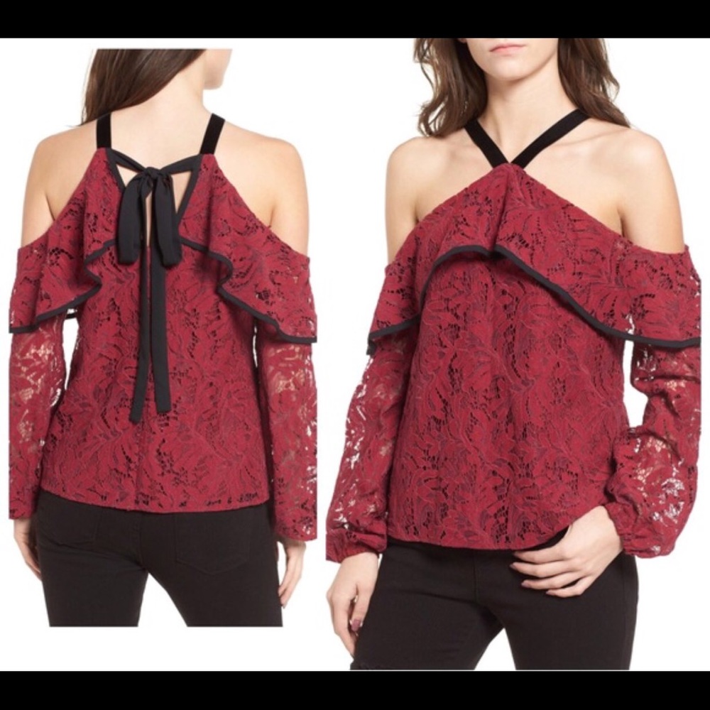 WAYF Burgundy Wine Lace Ruffle Velvet Strap Blouse Top